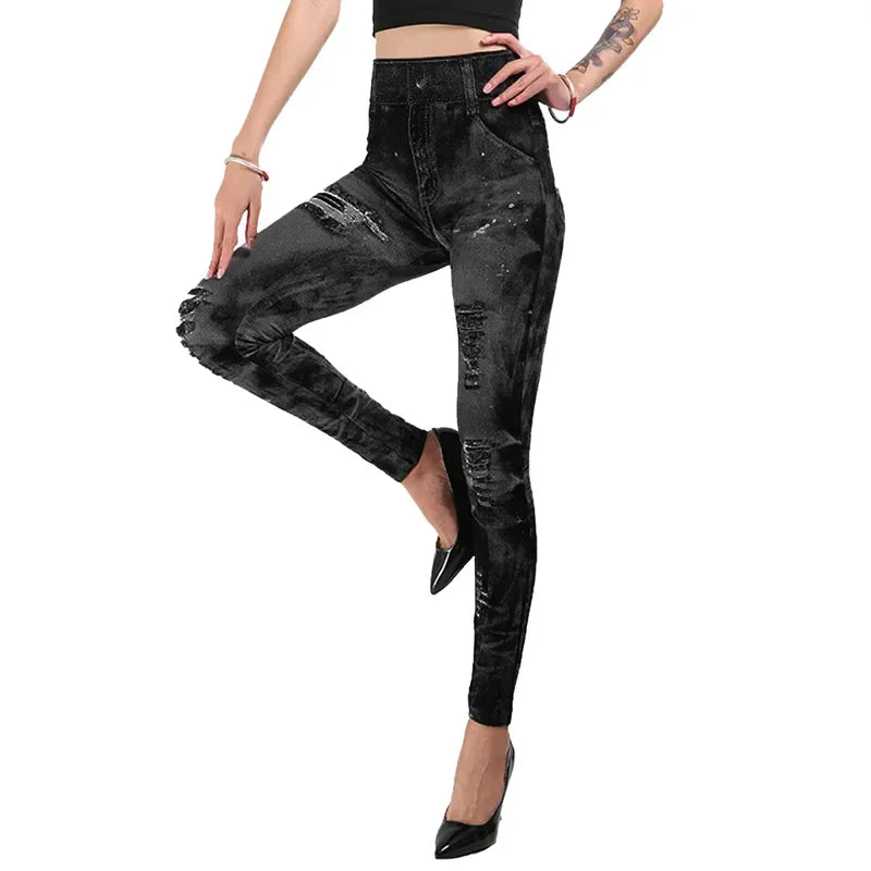 Imitation Jeans Stretch Leggings  Push Up High Waist