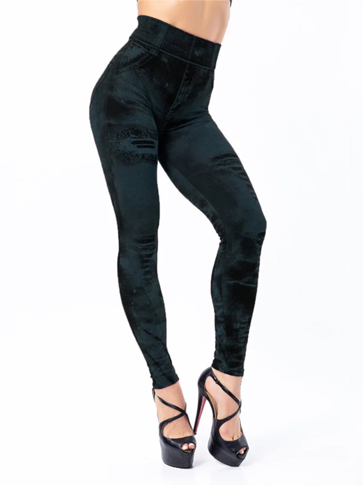 Imitation Jeans Stretch Leggings  Push Up High Waist