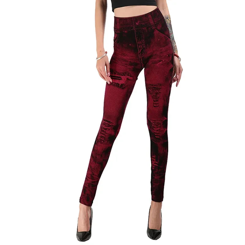 Imitation Jeans Stretch Leggings  Push Up High Waist