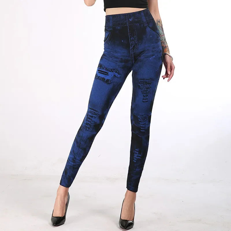 Imitation Jeans Stretch Leggings  Push Up High Waist