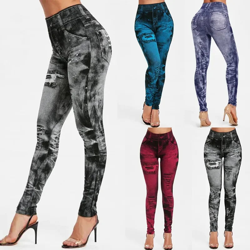 Imitation Jeans Stretch Leggings  Push Up High Waist