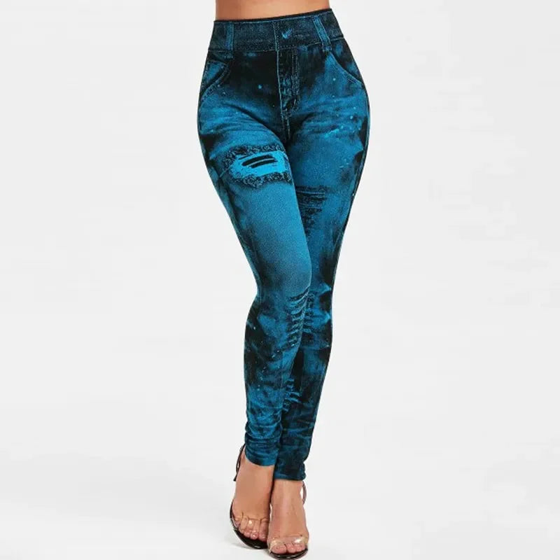 Imitation Jeans Stretch Leggings  Push Up High Waist