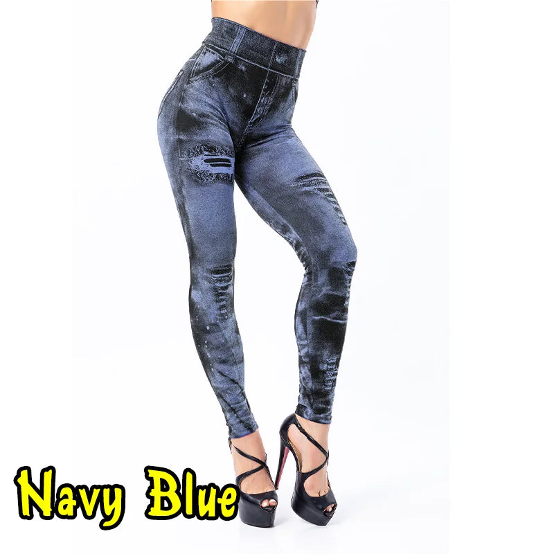 Imitation Jeans Stretch Leggings  Push Up High Waist