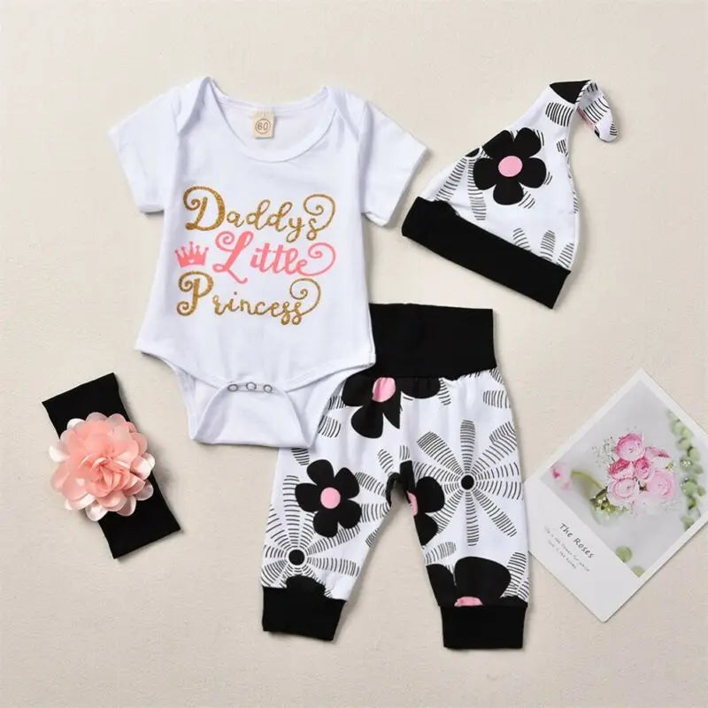 4Pcs Newborn Baby Girls  Sets Short Sleeve Romper Tops + Floral Pants + Hat +Headband