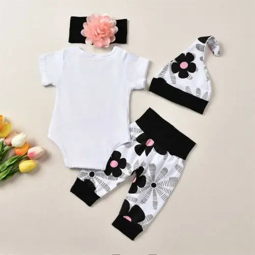 4Pcs Newborn Baby Girls  Sets Short Sleeve Romper Tops + Floral Pants + Hat +Headband