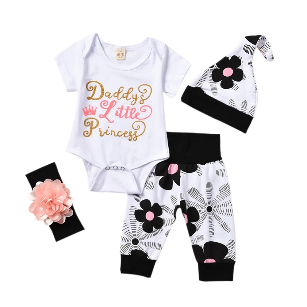 4Pcs Newborn Baby Girls  Sets Short Sleeve Romper Tops + Floral Pants + Hat +Headband