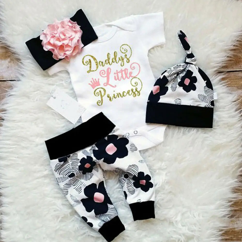 4Pcs Newborn Baby Girls  Sets Short Sleeve Romper Tops + Floral Pants + Hat +Headband