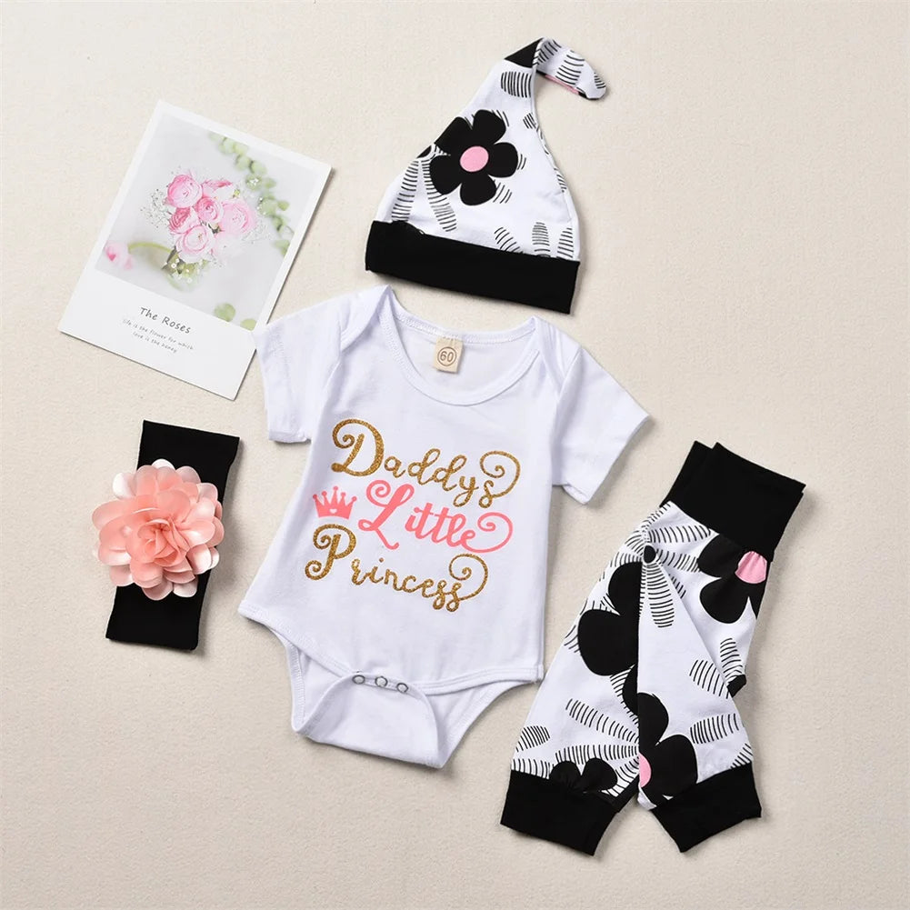 4Pcs Newborn Baby Girls  Sets Short Sleeve Romper Tops + Floral Pants + Hat +Headband