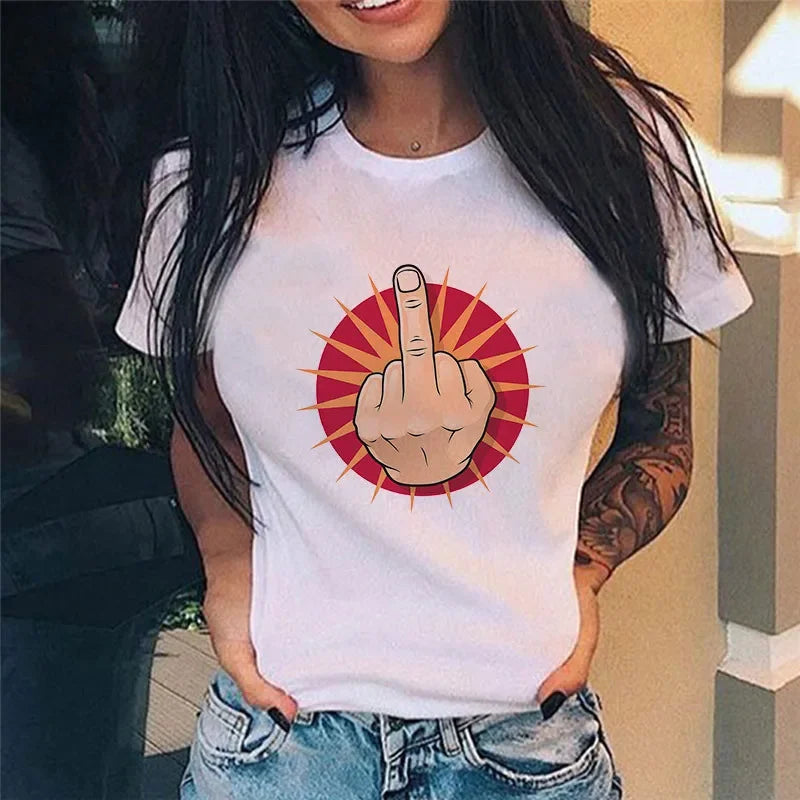 Middle Finger Print T Shirt Women