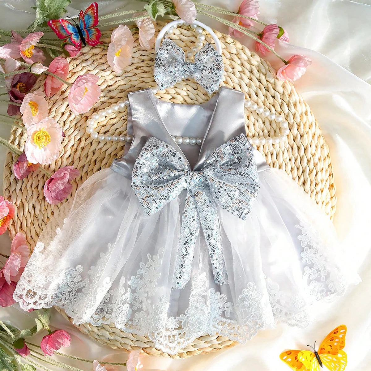 Newborn Photography Outfits Girl Big Bow Lace Dress with Glitter