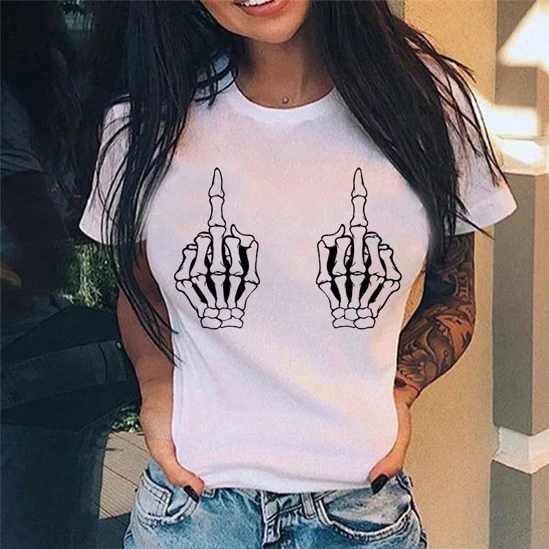 Middle Finger Print T Shirt Women