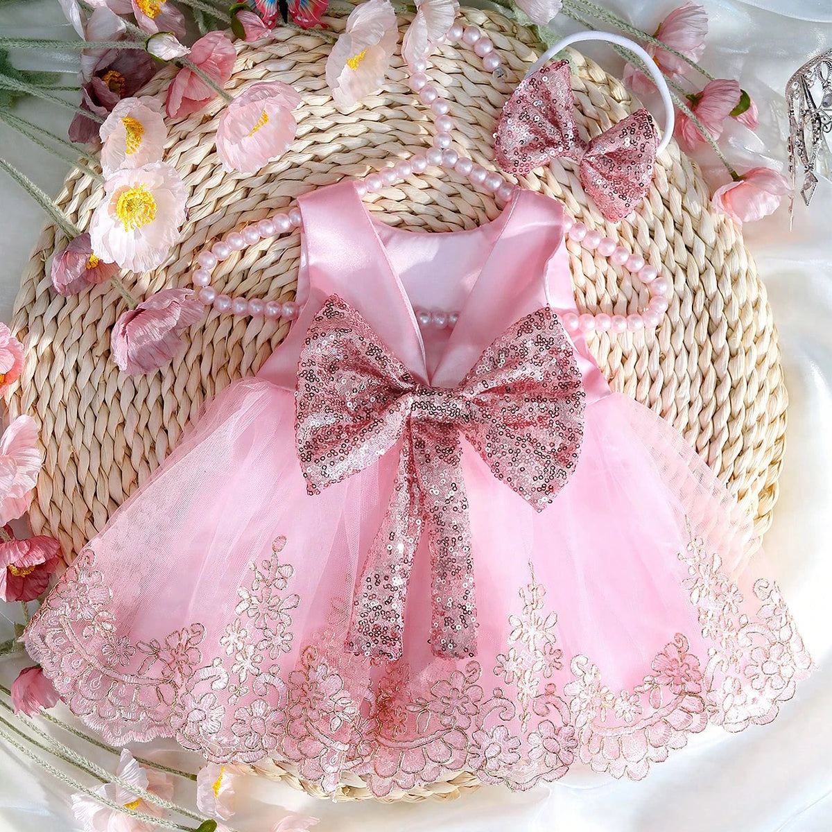 Newborn Photography Outfits Girl Big Bow Lace Dress with Glitter