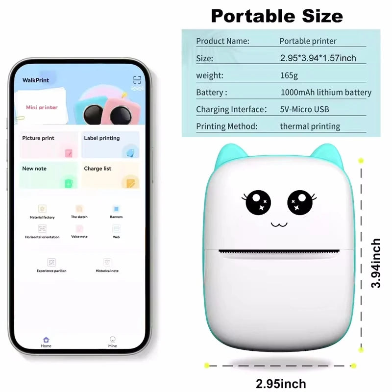 Portable  mini cat  photo pocket label printer 58mm  wireless Bluetooth Android iOS printers