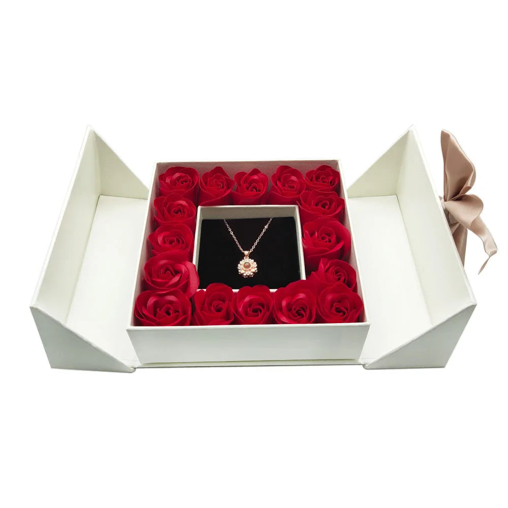 Eternal Roses Gift Box with Design Necklace with i love you in 100 Languages