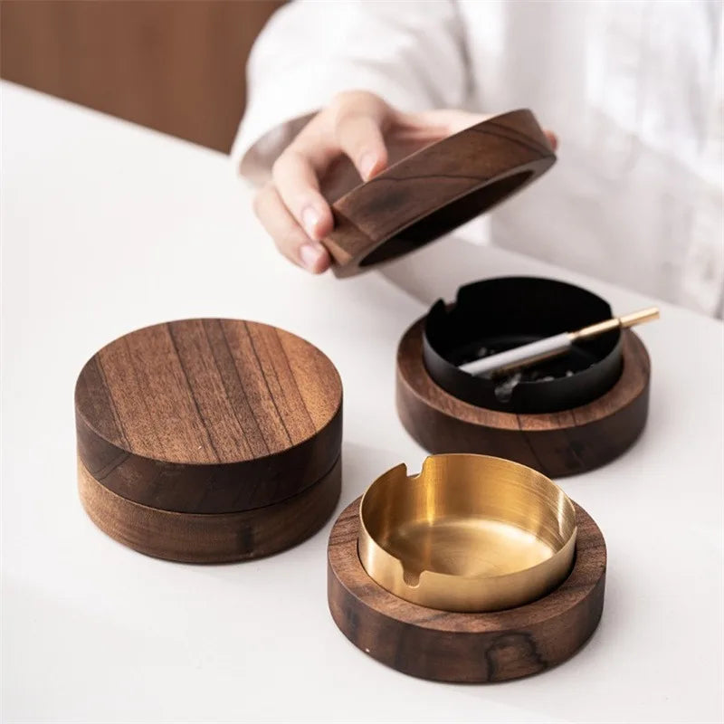 Creative Wooden Ashtray with Lid Stainless Steel