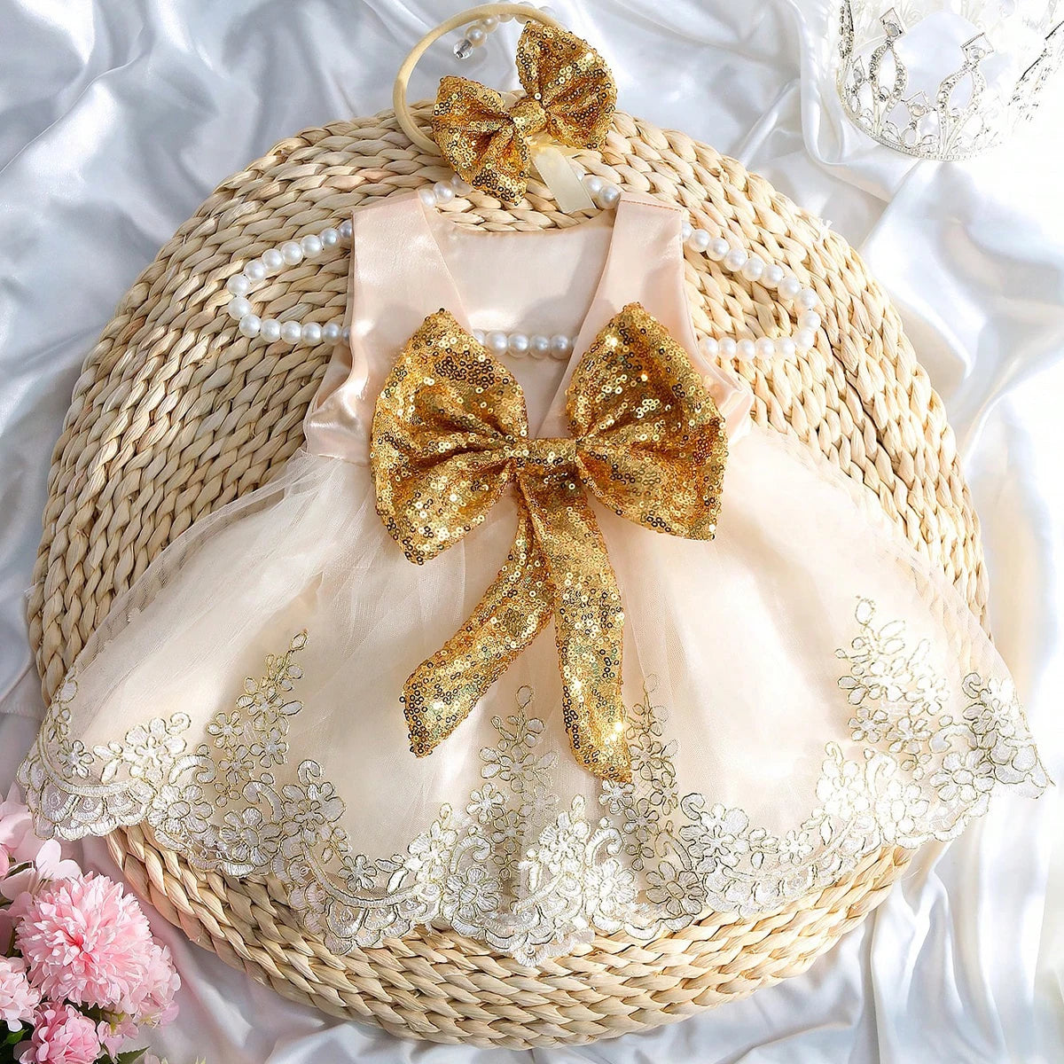 Newborn Photography Outfits Girl Big Bow Lace Dress with Glitter