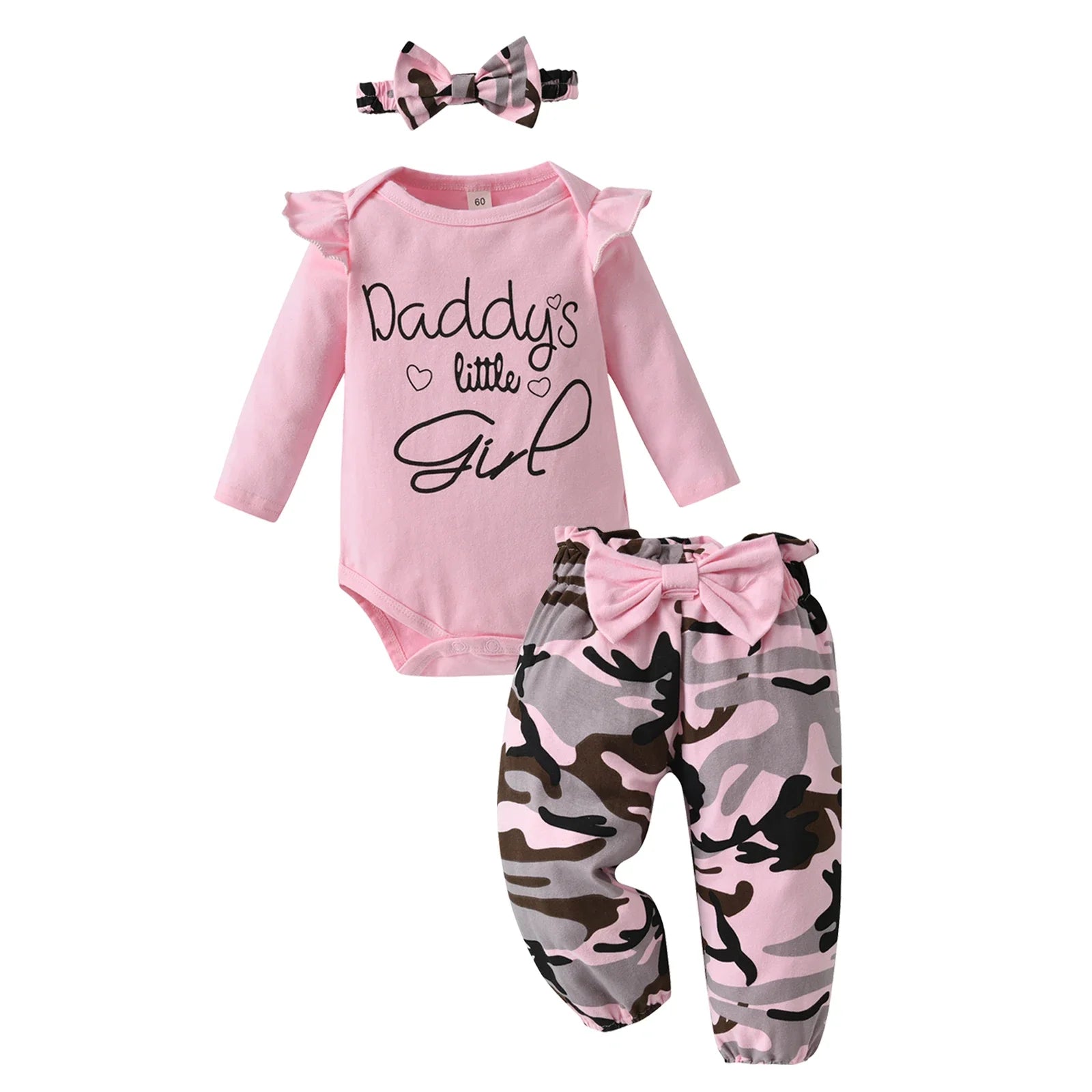 Baby 3Pcs Clothing Sets  Bodysuit  Top + Camouflage Pants with Bow Headband