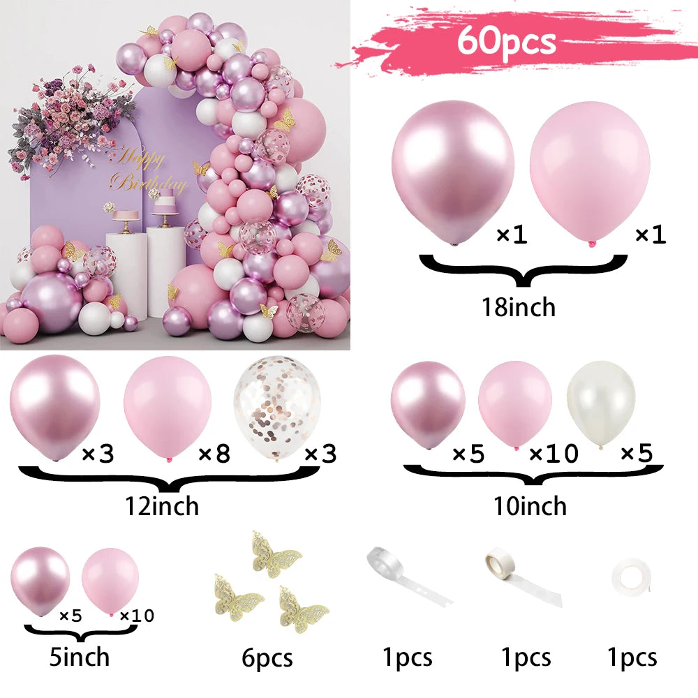 60/136pcs Pink Balloon Arch Party Set