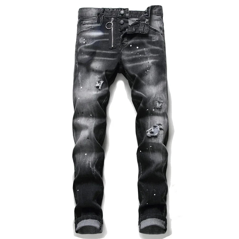 Mens Street Fashion Slim Fit Ripped Black Jeans