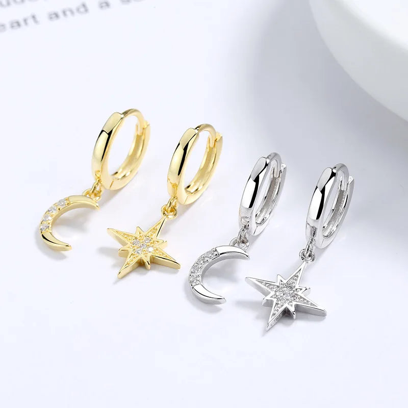 Minimalist Crystal Zirconia Stars Moon Huggie Hoop Earrings For Women Trendy Stainless Steel Circle Earrings Punk Rock Jewelry