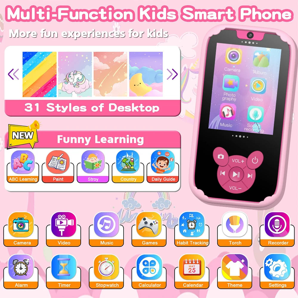 Kids Smart Phone Educational Toys Dual Camera Musicplayer Games for Age 3-12