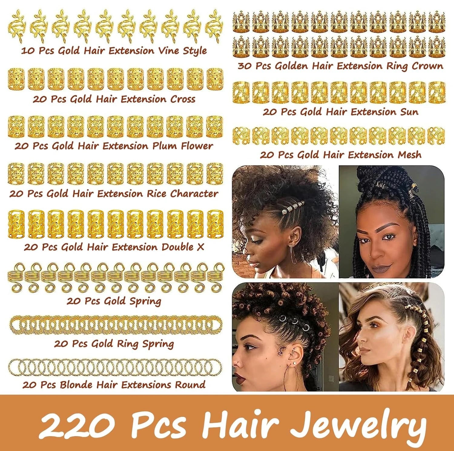 220pcs Gold Loc Jewelry For Braids,