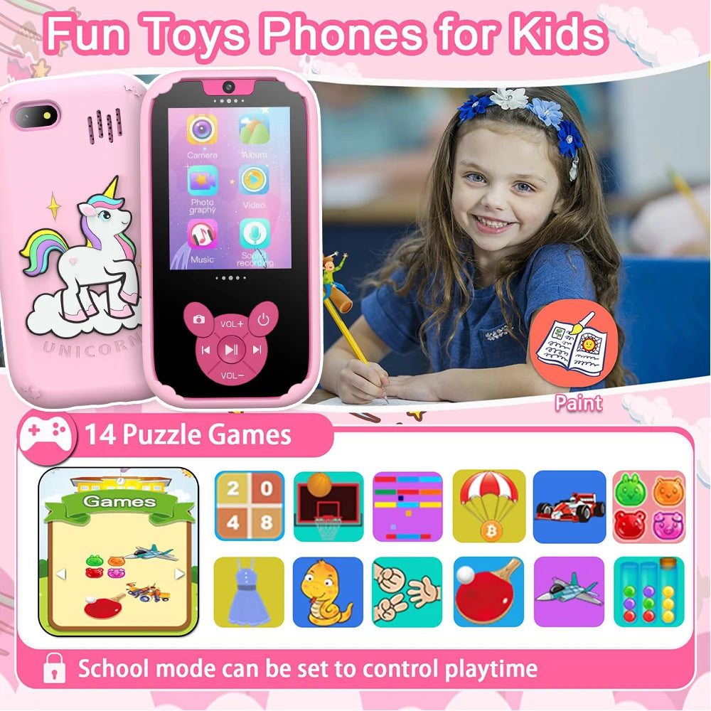 Kids Smart Phone Educational Toys Dual Camera Musicplayer Games for Age 3-12