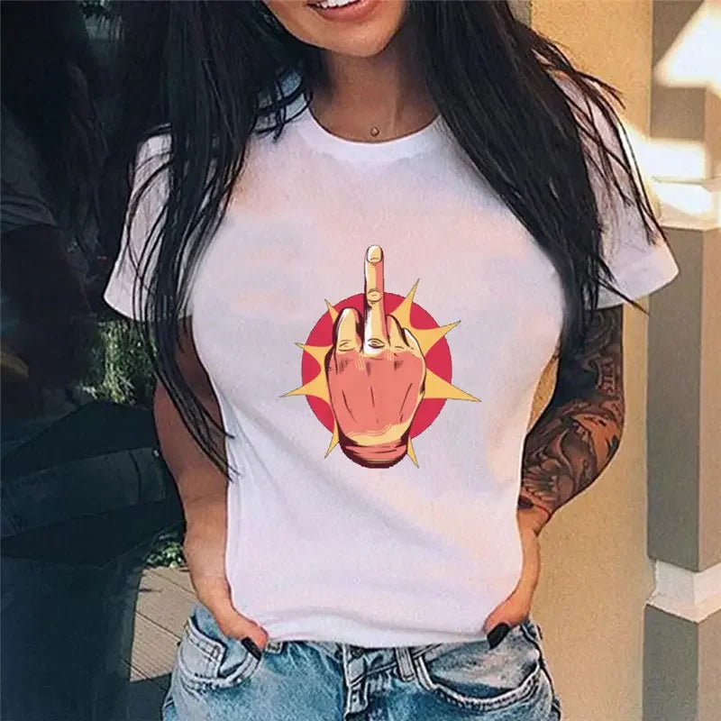 Middle Finger Print T Shirt Women