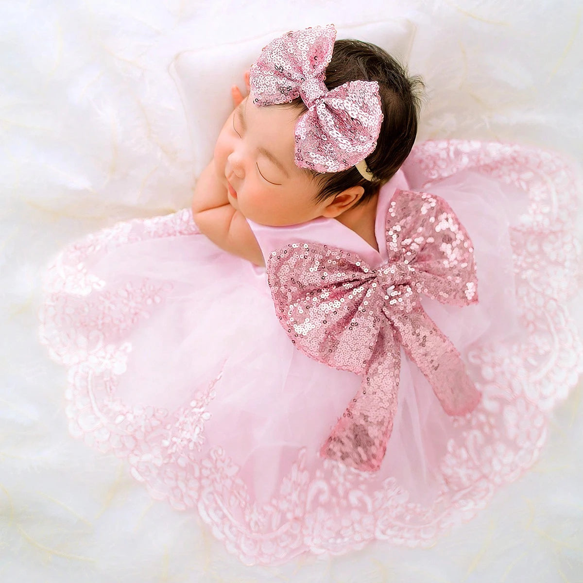 Newborn Photography Outfits Girl Big Bow Lace Dress with Glitter