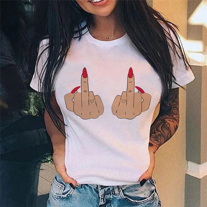 Middle Finger Print T Shirt Women