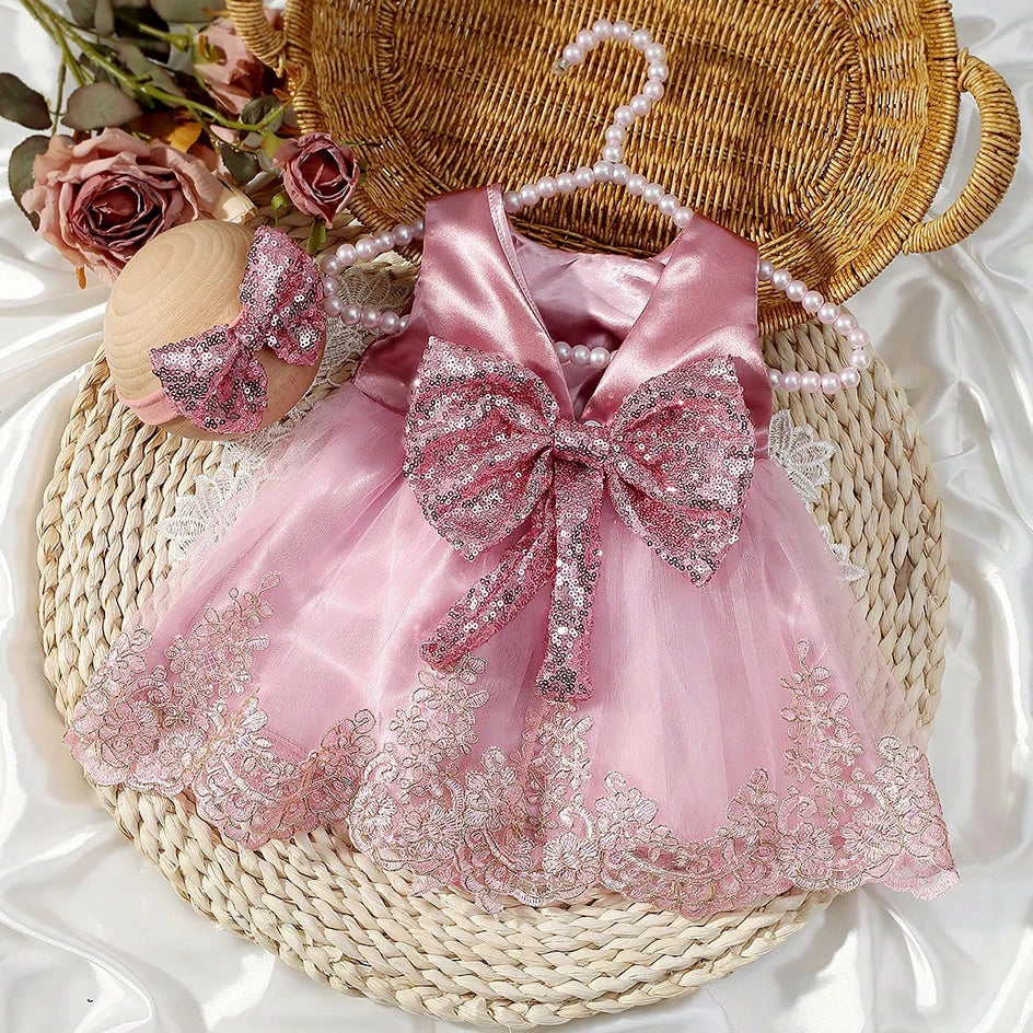 Newborn Photography Outfits Girl Big Bow Lace Dress with Glitter