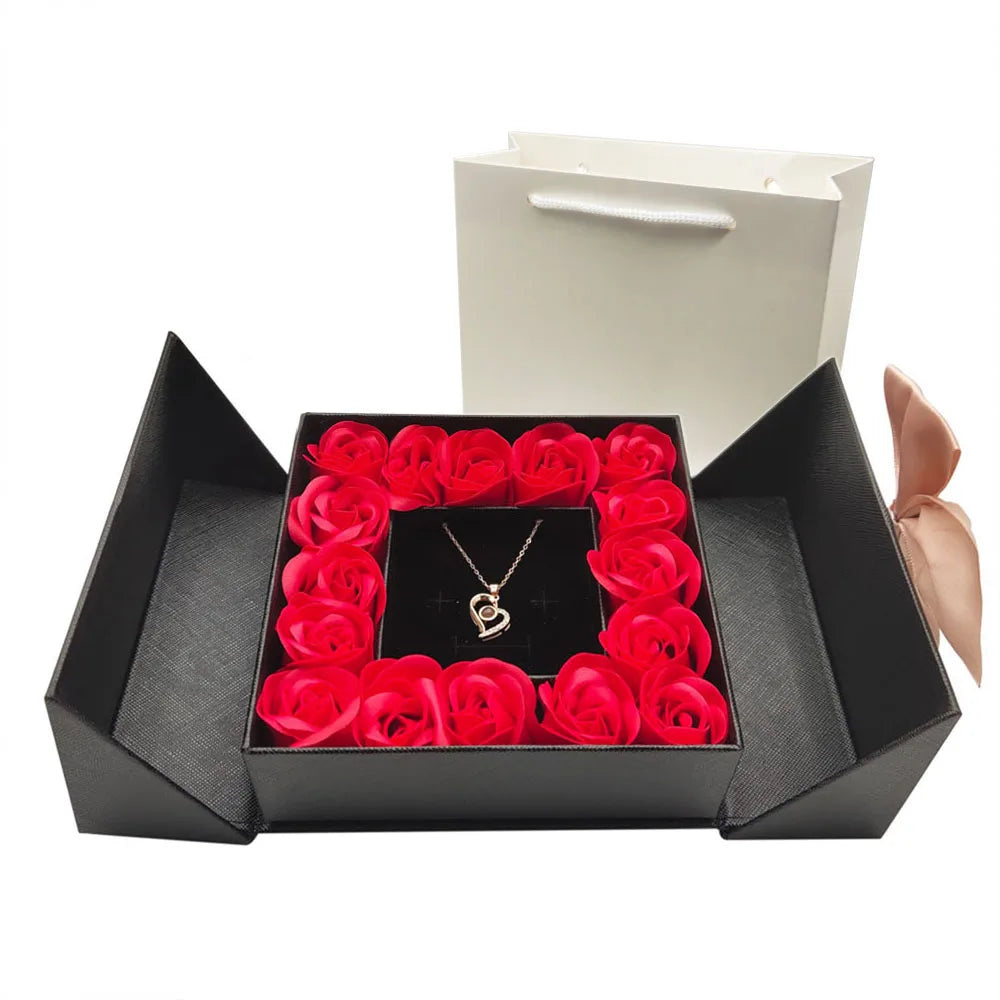 Eternal Roses Gift Box with Design Necklace with i love you in 100 Languages